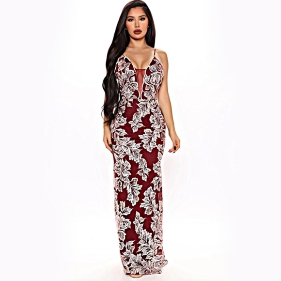 Nova Luxe ✦ Wine Sequin Mermaid Maxi Dress ✦ Deep V Mesh Cutout w/ Back Slit S - Picture 5 of 13